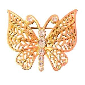 Vintage Gold Tone Rhinestone Butterfly Brooch